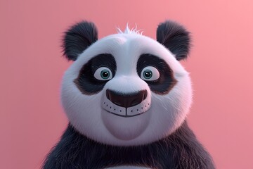 a whimsical cartoon panda against a soft pink background, with charming details in fur and a...