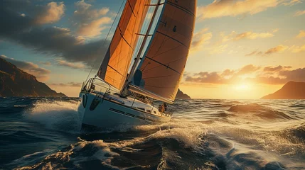 Poster Regatta of sailing ships with white sails on the high seas. Aerial view of a sailboat in a windy state, Summer journey, Generative AI © Анатолий Савицкий