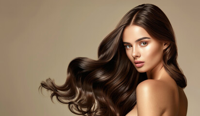 Naklejka premium Hair Product Model, Brunette Woman with Shiny Hair Flying, Beige Background
