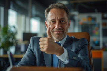 Naklejka premium Confident businessman giving thumbs up in a modern office setting