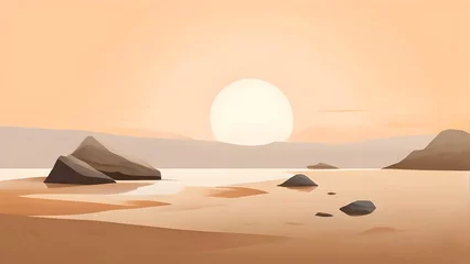 Foto auf Acrylglas Minimalist calm nature background: A serene beach with rocks in the soft sand, calm ocean waves, morning light, mindfulness, meditation, relaxation, mindset, wallpaper, backdrop © MindShiftMasteryHub