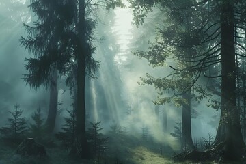 beauty of a fog-draped forest, with towering trees and mystical ambiance, evoking a sense of...