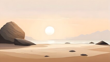 Fototapeta na wymiar Minimalist calm nature background: serene Landscape, Sand, zen rocks, gentle waves, soft morning light, mindfulness, meditation, relaxation, mindset, wallpaper, backdrop