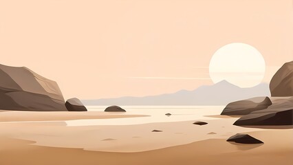 Minimalist calm nature background: Serene beach Landscape With Sand, zen rocks, ocean, soft morning light, mindfulness, meditation, mindset, wallpaper, backdrop - obrazy, fototapety, plakaty