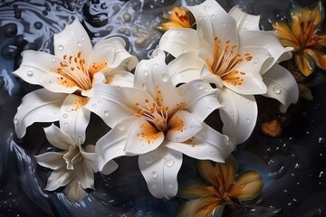 Several white flowers float on top of the water in a serene pond.