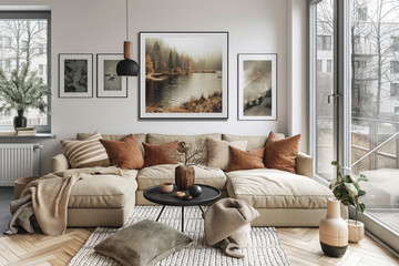 Stylish interior design of modern apartment. Interior mockup. Boho interior design. Generative AI