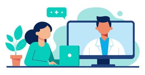 Online medical conference patient with doctor flat illustration in white background.