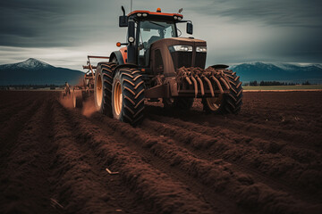Fototapeta premium Tractor plows through the soil, its large tires and plow in action, set against the dramatic backdrop of distant mountains under a cloudy sky