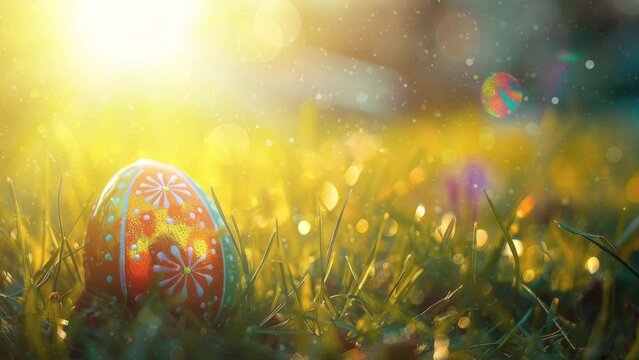 Painted Easter Egg in the Green Grass Meadow in spring sunlight 