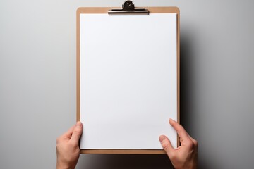 A person holding a clipboard with a blank sheet of paper on it, ready to jot down notes or instructions.