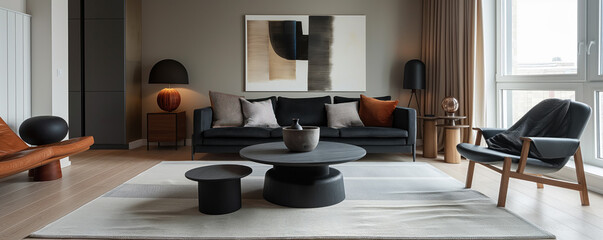 Interior design of modern apartment with black sofa, modern table and home decor. Interior mockup. Scandinavian interior design. Generative AI