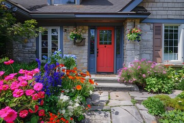 Fototapeta na wymiar charming cottage exterior with vibrant flowers adorning the entrance, capturing the essence of simplicity and beauty in 16k ultra HD splendor.