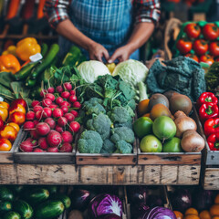Colorful assortment of fresh vegetables displayed at a farmer's market, with a person selecting produce in the background