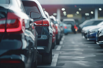 Fototapeta premium Several cars parked neatly in rows in a parking lot with white markings on the ground.