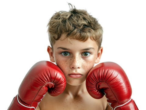 Youthful boxer in red gloves ready for athletic training, cut out - stock png.