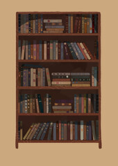 Bookcase illustration. Shelves with many colorful books with patterned bindings