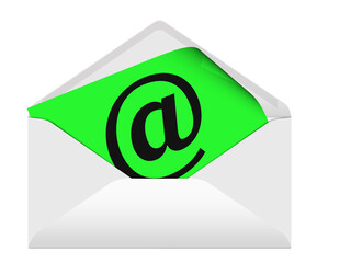 Briefumschlag mit At-Zeichen vor wei&szlig;em Hintergrund