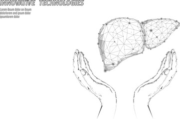  World Hepatitis Day awareness 28 July liver health. Medicine low poly model human organ hand hold polygonal geometric vector illustration