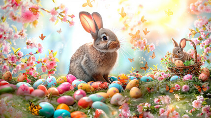 Fototapeta na wymiar Easter Bunny Decorated Eggs Adorable Rabbit Spring Color Copy Space Sale