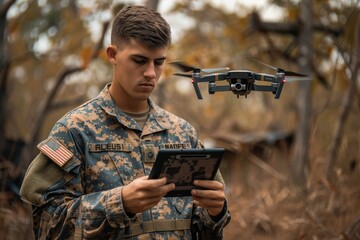 United States Marine controlling a drone with a tactical tablet in a field setting