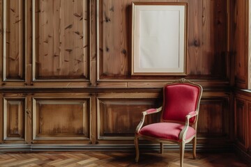 Obraz na płótnie Canvas A red chair is positioned in front of a wooden paneled wall, creating a simple yet striking contrast of colors and textures.