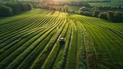 Aerial View of Tractor Plowing Vibrant Green Fields at Sunset