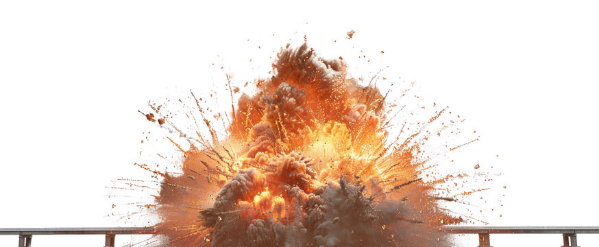 Dramatic explosion with intense flames on a bridge on transparent background - stock png.