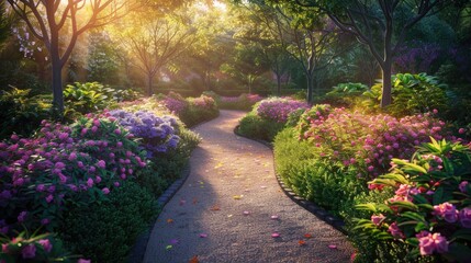 Sunset Over Enchanted Garden Path with Lush Flowerbeds