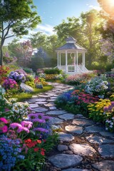 Obraz premium Spectacular Garden Pavilion Surrounded by Colorful Flower Beds in Full Bloom