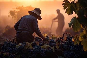 Workers manually picking ripe grapes in a vineyard during the golden hour, creating a serene and warm atmosphere