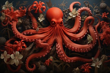 An octopus is the center of attention among various colorful flowers and green plants in this underwater scene.