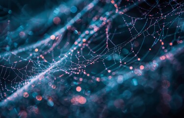 Detailed close-up view of a spider web against a dark background, showcasing the delicate strands and complex patterns.