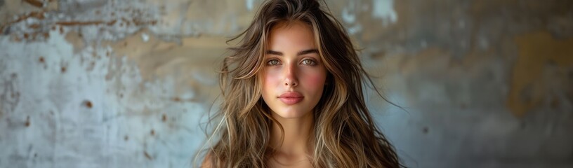 Naklejka premium Beautiful girl model with long coloured hair, in the style of light gray