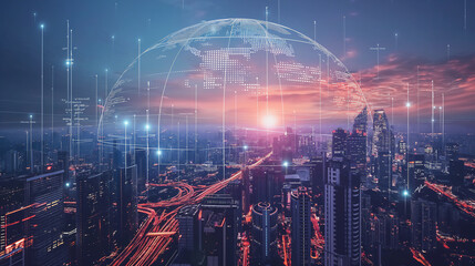 Futuristic cityscape with digital network connections overlaying a bustling metropolis at dusk, symbolizing smart city technology