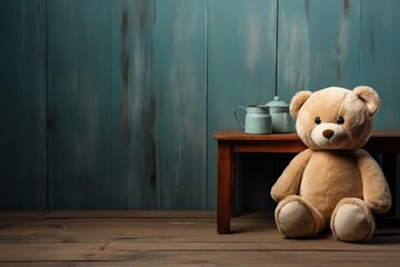 A beige teddy bear next to a table with tea party accessories, a green wooden wall with a copy space