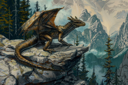 A dragon perched on a rocky cliff, its wings unfurled. Each scale reflects the environment--mountain peaks, distant forests, and a cerulean sky.