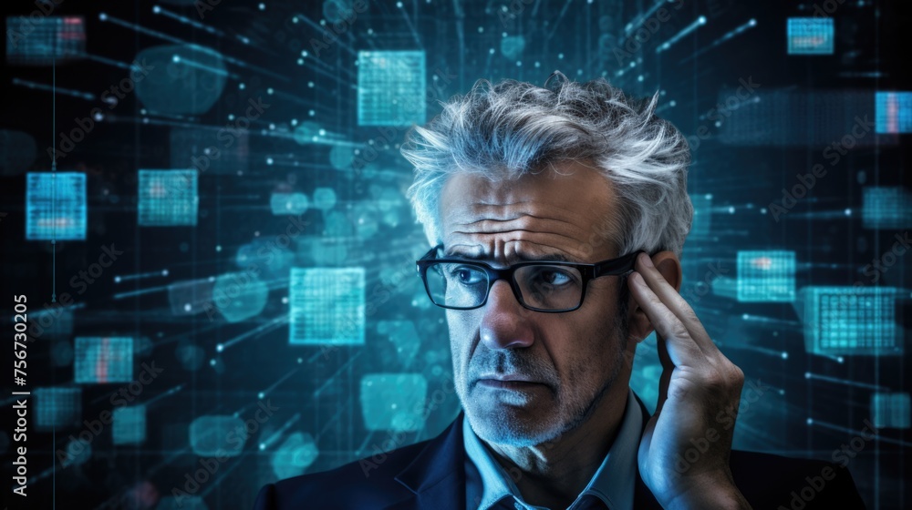 Poster tech analyst study cyber data chart from corporate system for statistical analytic defining marketin