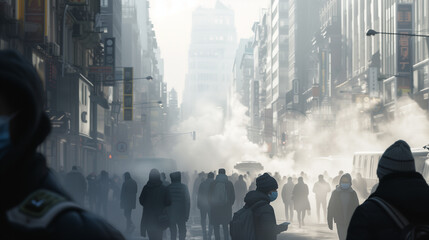 City shrouded in smog, bustling people - obrazy, fototapety, plakaty
