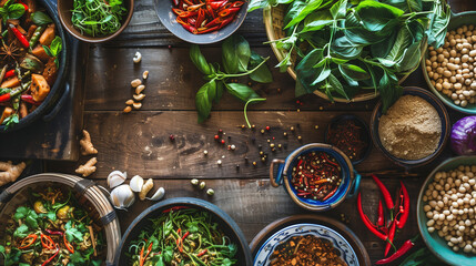 Colorful bowls of food on wooden table