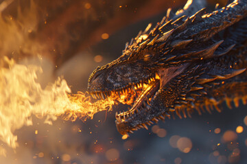 A dragon breath, captured mid-exhale. Flames emerge from its jaws, each flicker meticulously detailed.