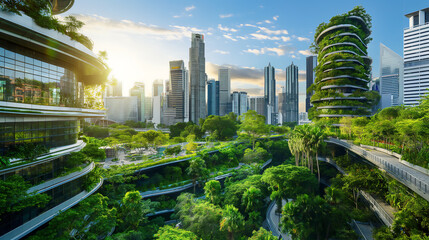 The sunrise casts a warm glow over a contemporary cityscape with innovative green architecture,...