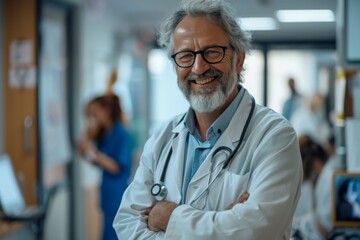 Confident mature doctor with grey hair and eyeglasses smiling in hospital corridor - obrazy, fototapety, plakaty