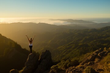 Woman with arms raised stands on mountaintop at sunrise