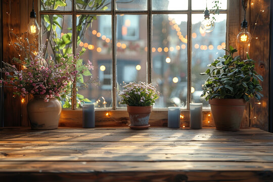 Cozy Window Sill with Plants and Fairy Lights