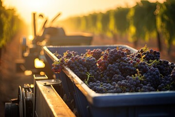 As the first light of dawn touches the vineyard, a crate overflowing with ripe grapes captures the essence of harvest season