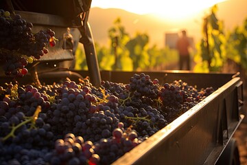 As the first light of dawn touches the vineyard, a crate overflowing with ripe grapes captures the essence of harvest season - obrazy, fototapety, plakaty
