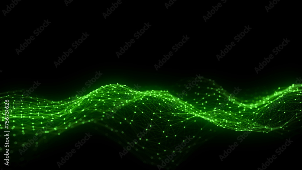 Fototapete Green wave of particles and lines. Big data visualization. Abstract background with a dynamic wave. 3d rendering.