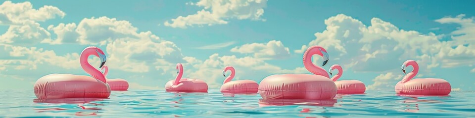 inflatable pink flamingos floating in the blue sea on a beautiful summer day. Happy vibes