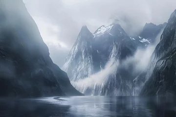 Papier Peint photo Montagnes hidden majesty of a remote fjord, where towering cliffs plunge into icy waters and mist shrouds the landscape in an ethereal veil, all captured in cinematic 16K detail.