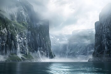 hidden majesty of a remote fjord, where towering cliffs plunge into icy waters and mist shrouds the landscape in an ethereal veil, all captured in cinematic 16K detail. - obrazy, fototapety, plakaty